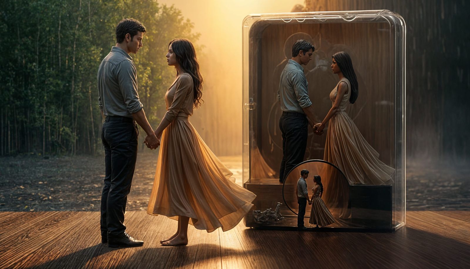 Couple Figurines in Toy Packaging, Rosewood Surface