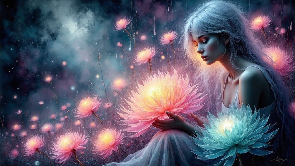 Surreal Woman with Bioluminescent Flower Hair in Dreamlike L...