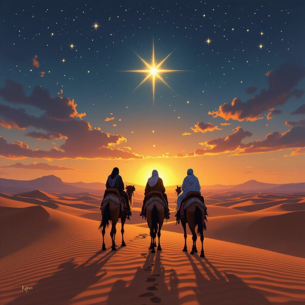 Bedouins Journeying Towards a Star in Ochre Desert