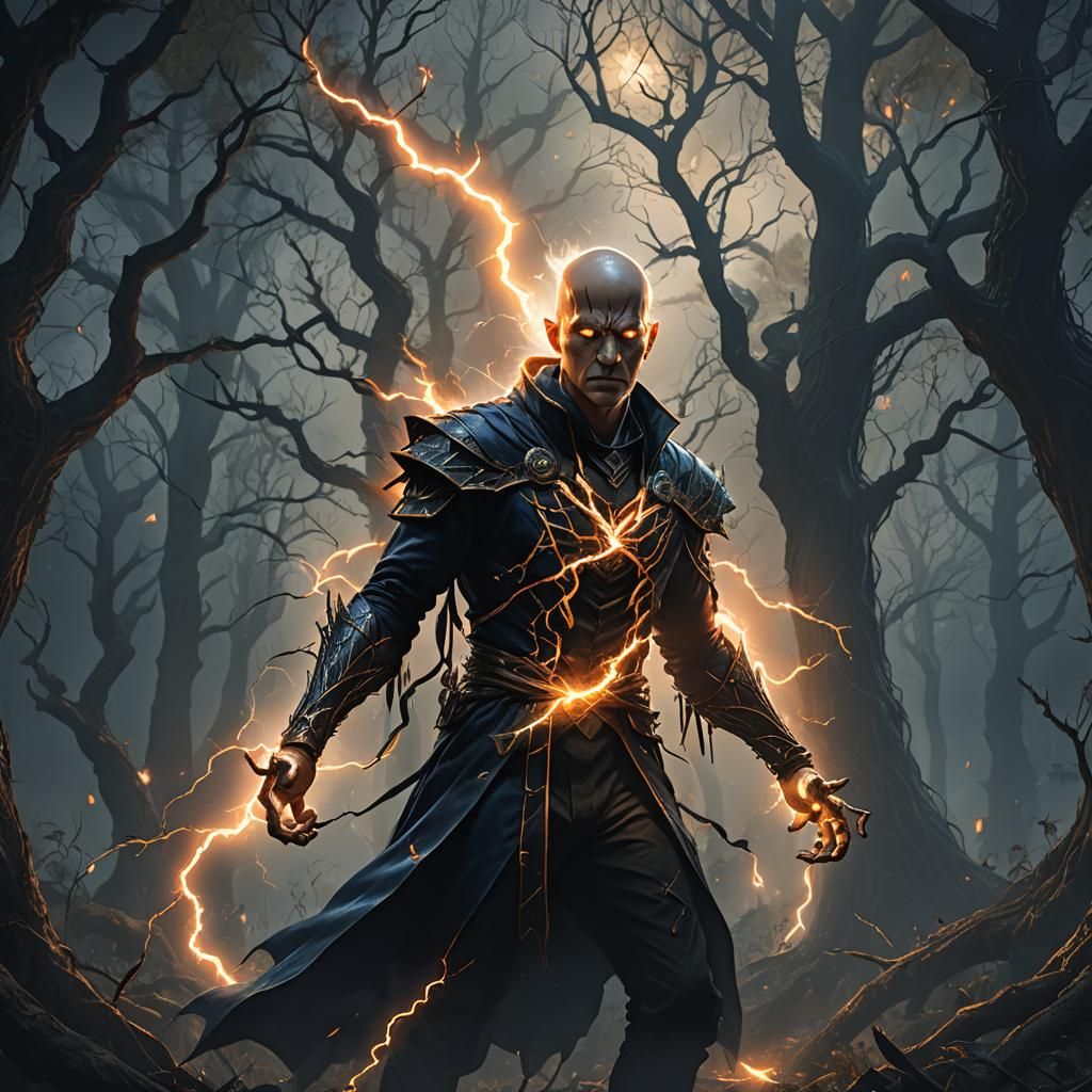 Sorcerer Conjures Lightning in Dark Fantasy Forest