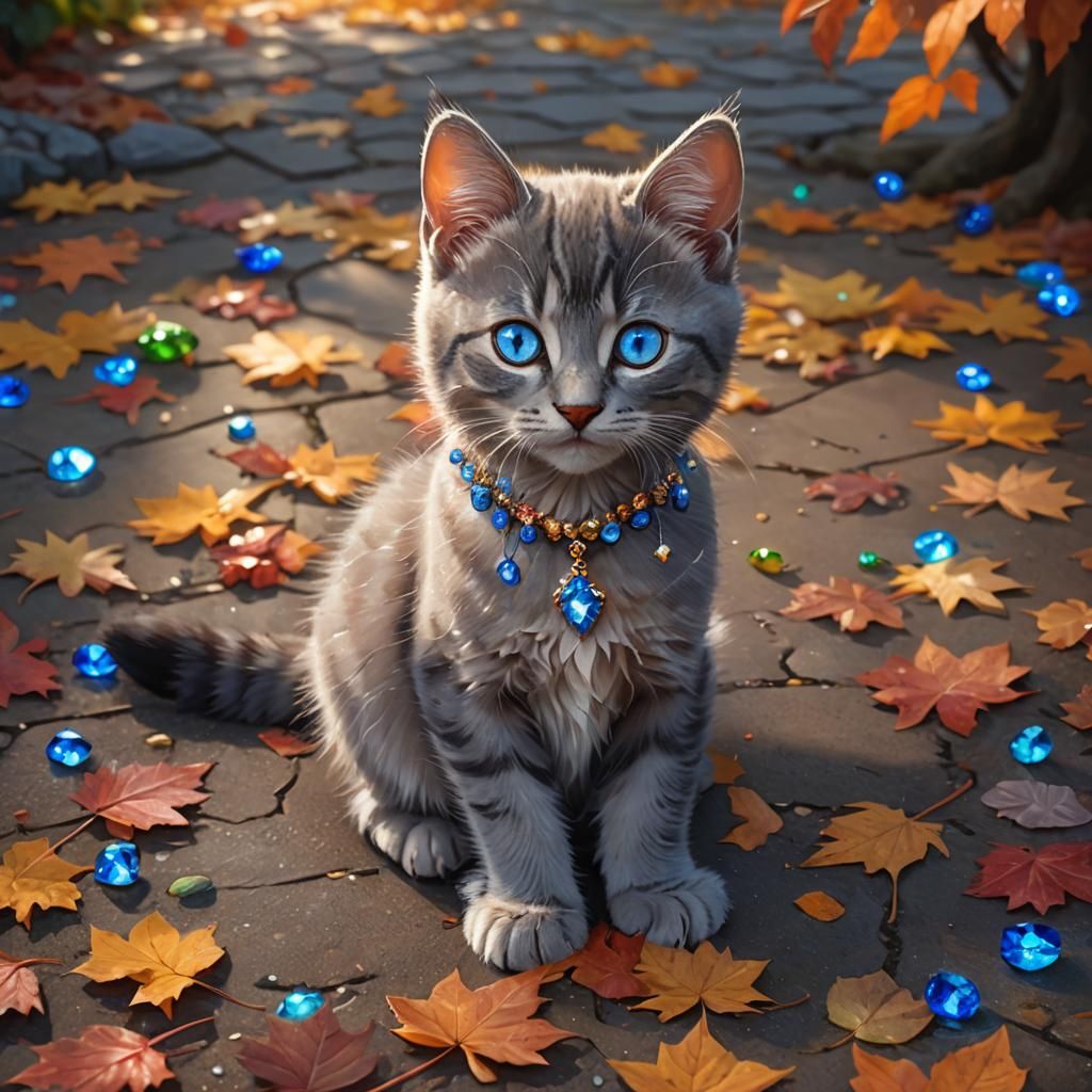 Jeweled Kitten Plays in Autumn Light, Art Nouveau