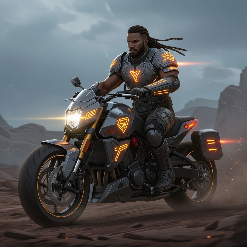 Armored Rider on Warcycle in Cyberpunk Style