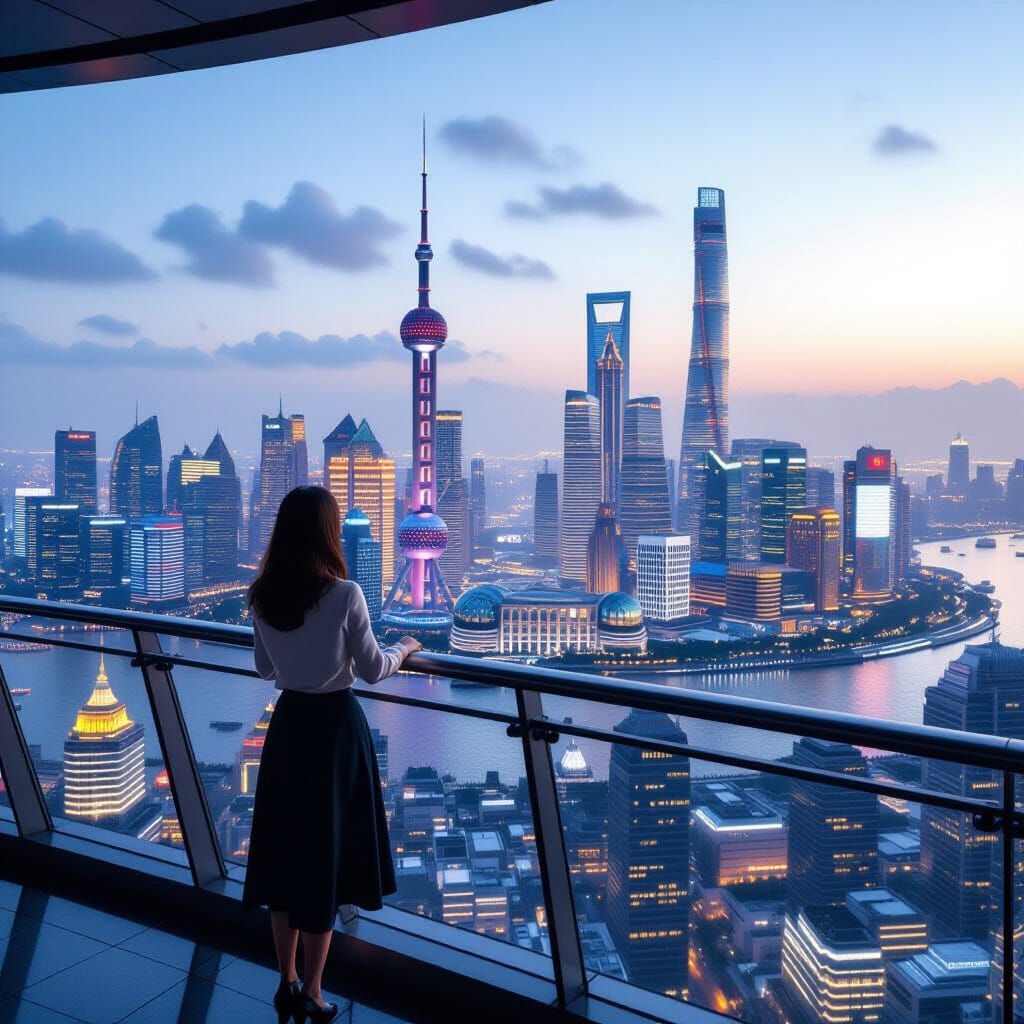 Shanghai Panoramic View from Shanghai Tower in Cyberpunk Sty...
