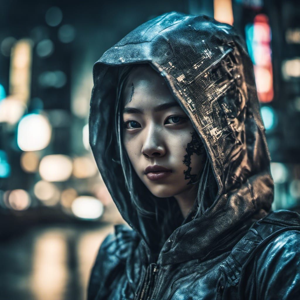 Cyborg Ghost Girl in Futuristic Tokyo at Night