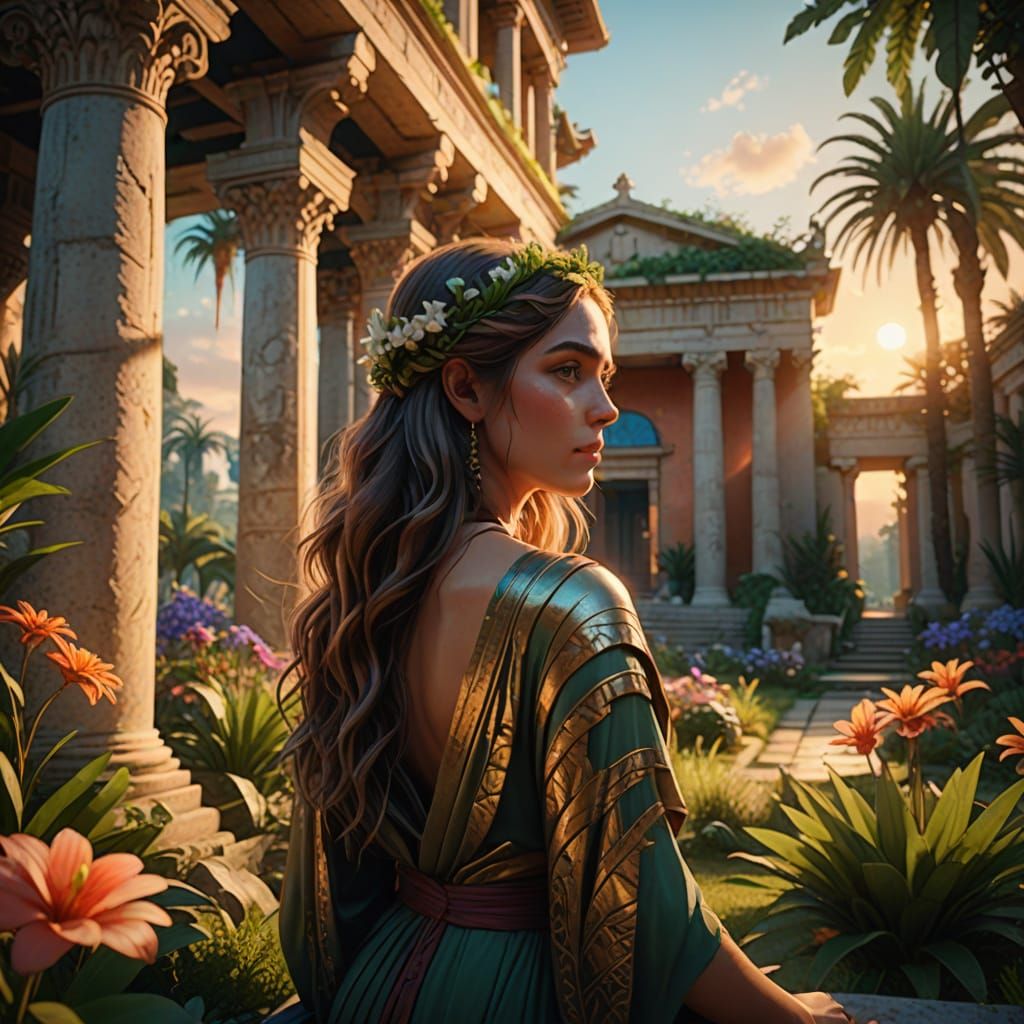 Elegant Woman Sits in Ancient Greek Temple amidst Vibrant Ga...