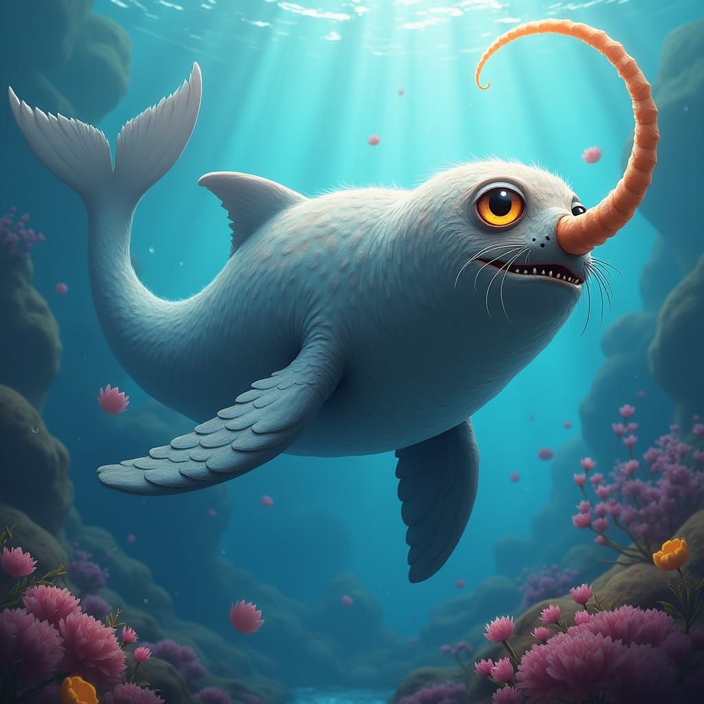 Mystical Seal-Shark-Owl-Narwhal Creature in Fantasy Underwat...