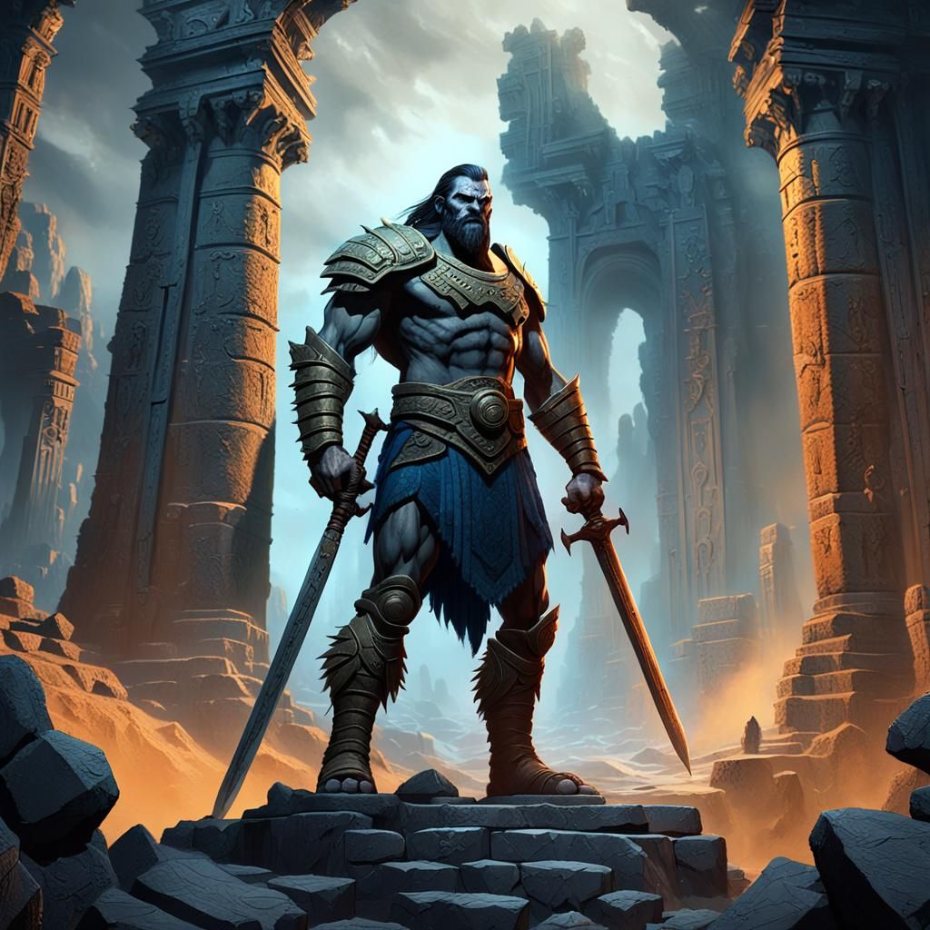 Giant Warrior Amidst Ancient Ruins in Dark Fantasy