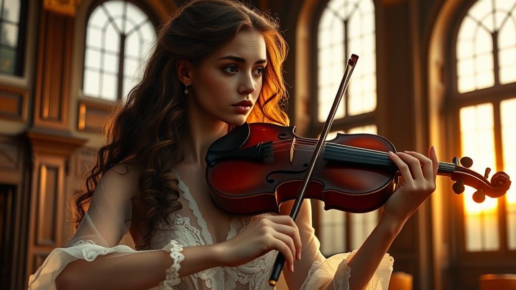 Mournful Violinist Tears in Baroque Inspired Studio