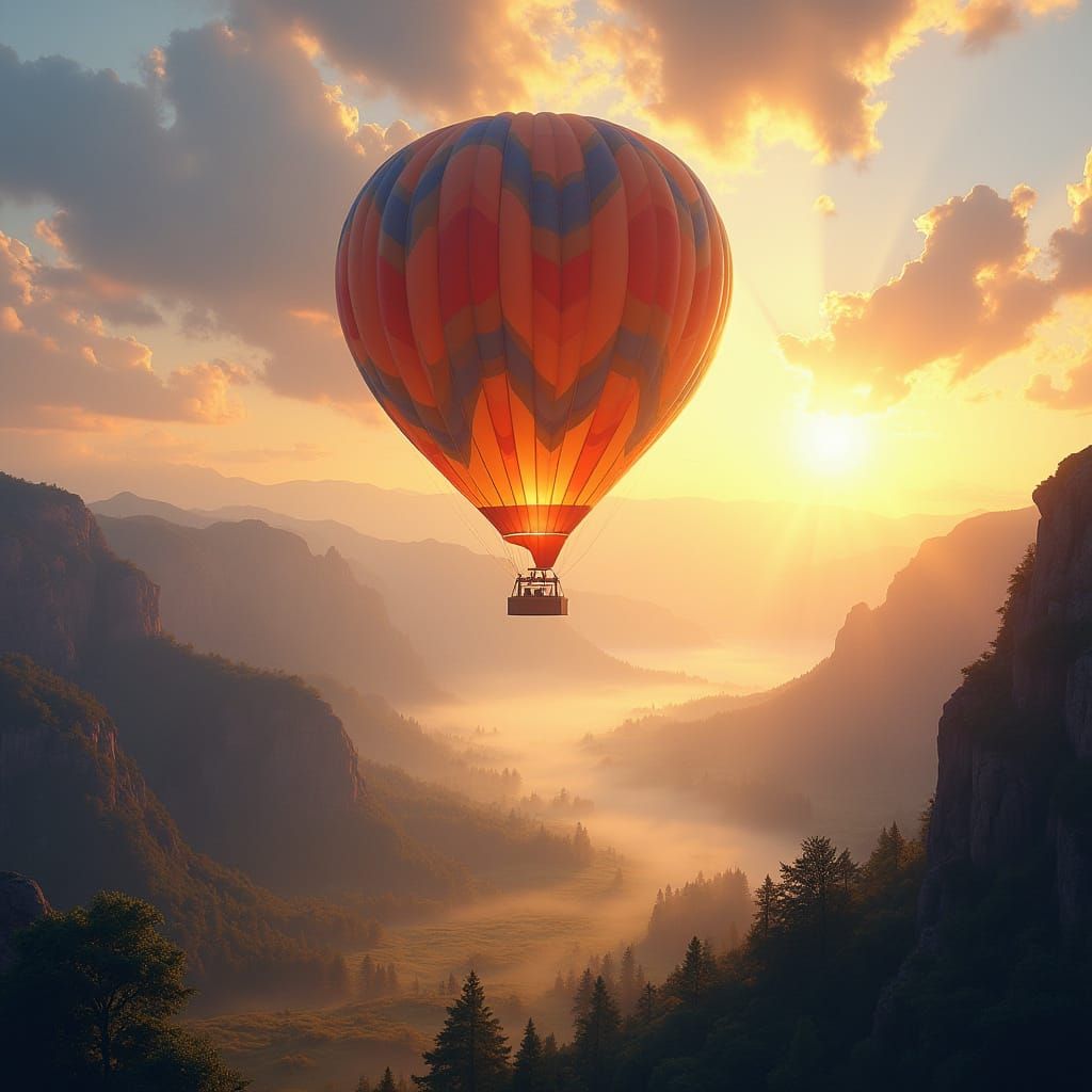 Vibrant Hot Air Balloon Over Valley at Sunrise