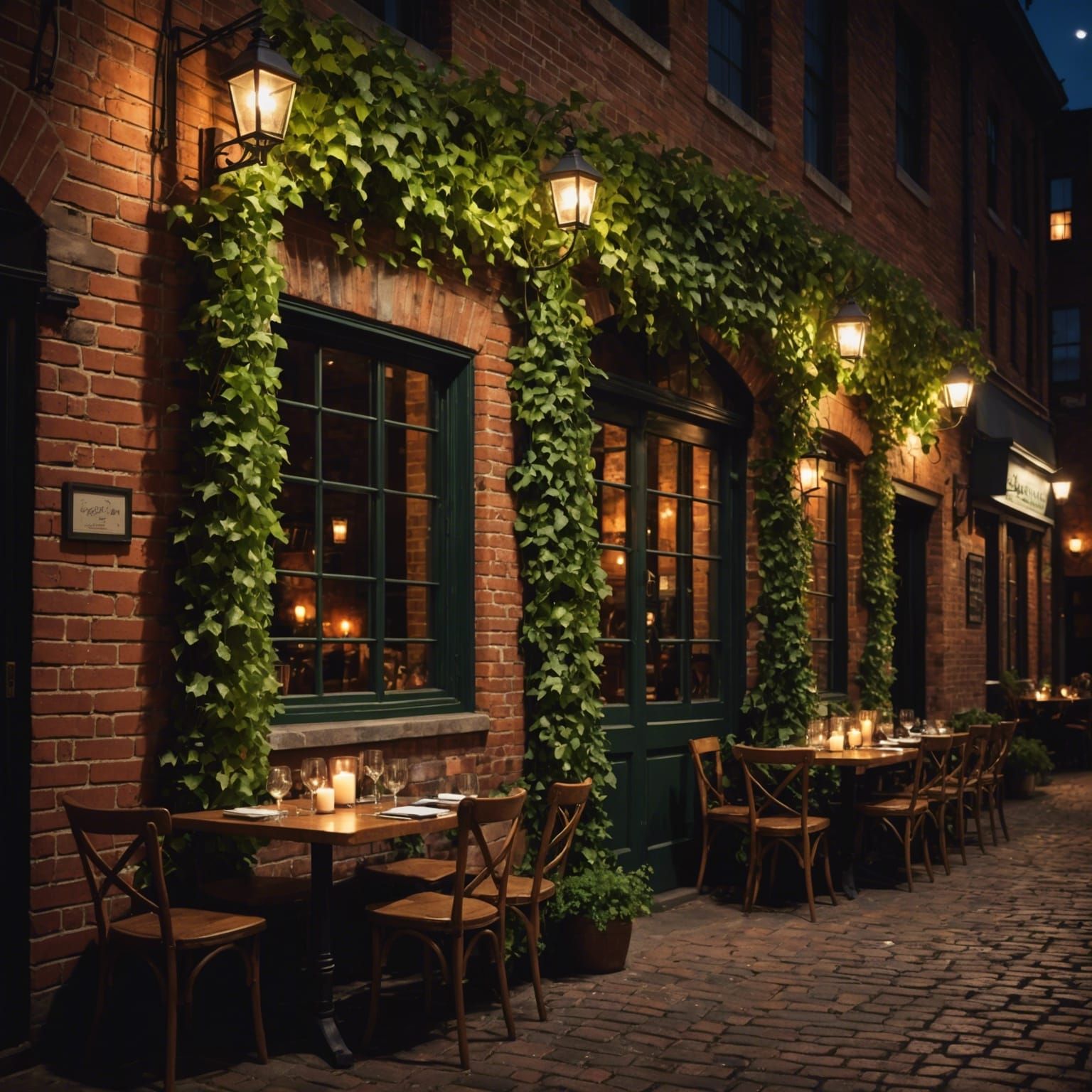 Rustic Restaurant at Night with Ivy and Candlelight