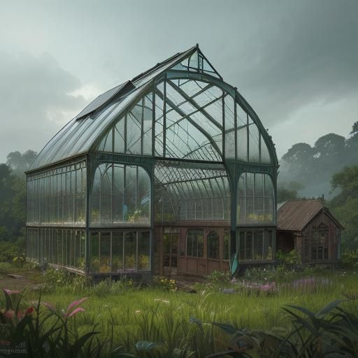 Abandoned Greenhouse in Rainy Field: Matte Painting