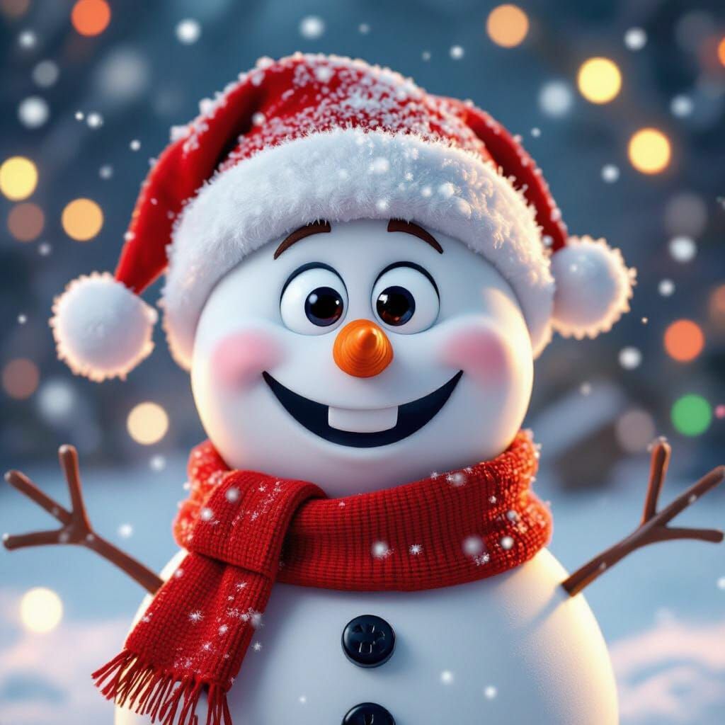 Cheerful Snowman 3D Render with Festive Lights