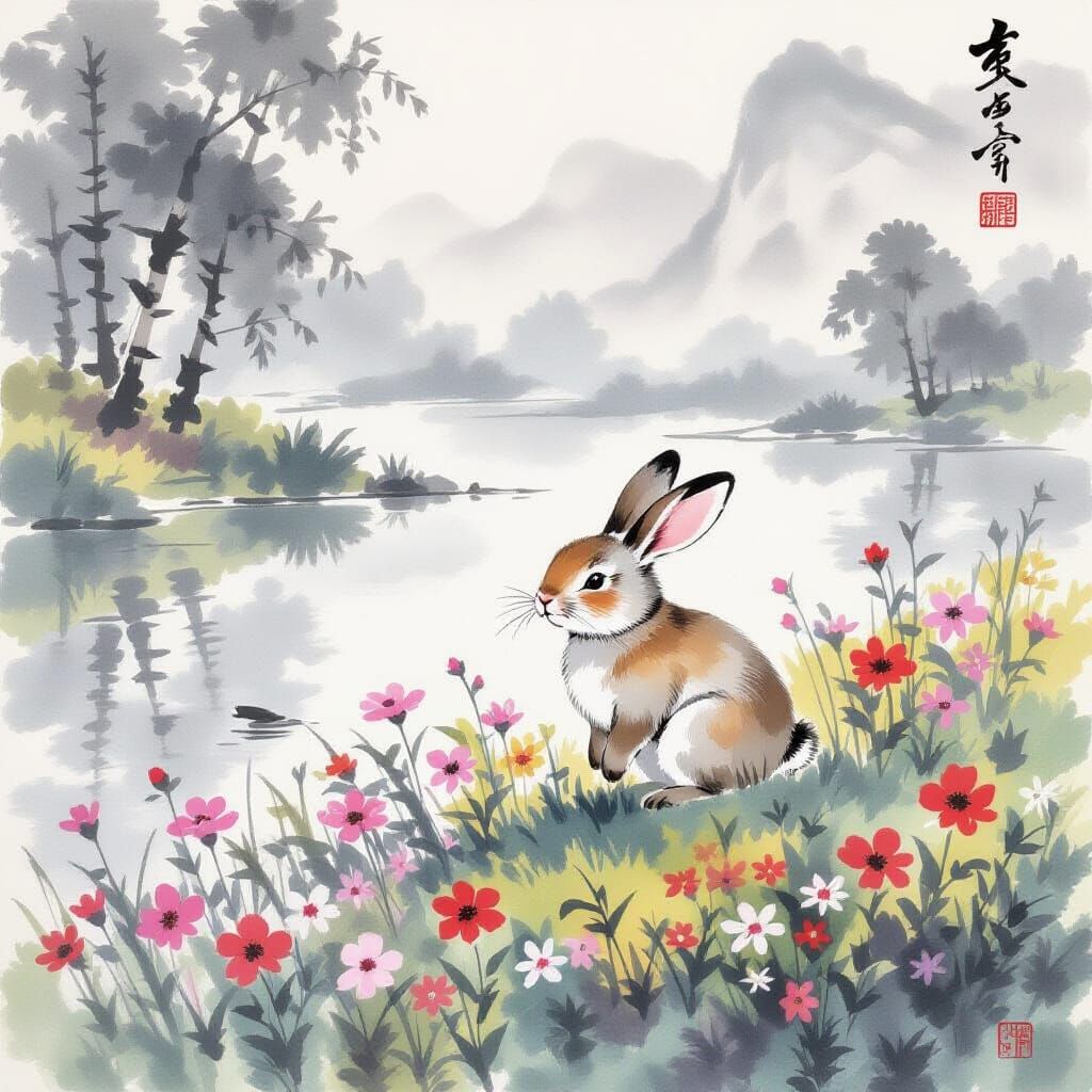 Laughing Bunny in Meadow: Chinese Ink Painting