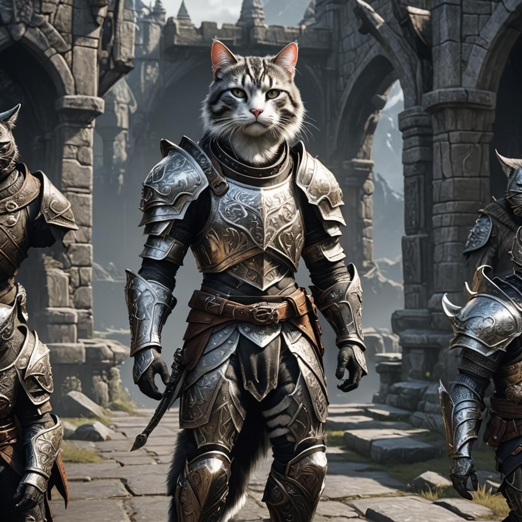 Armored Cat in Skyrim Style Fantasy Art
