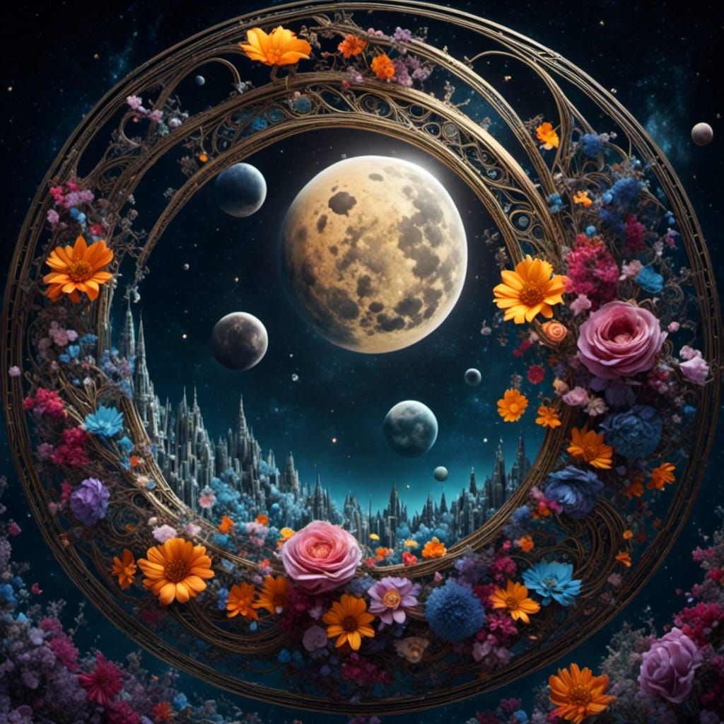 Lunar Cycle with Flowers in Detailed Matte Painting