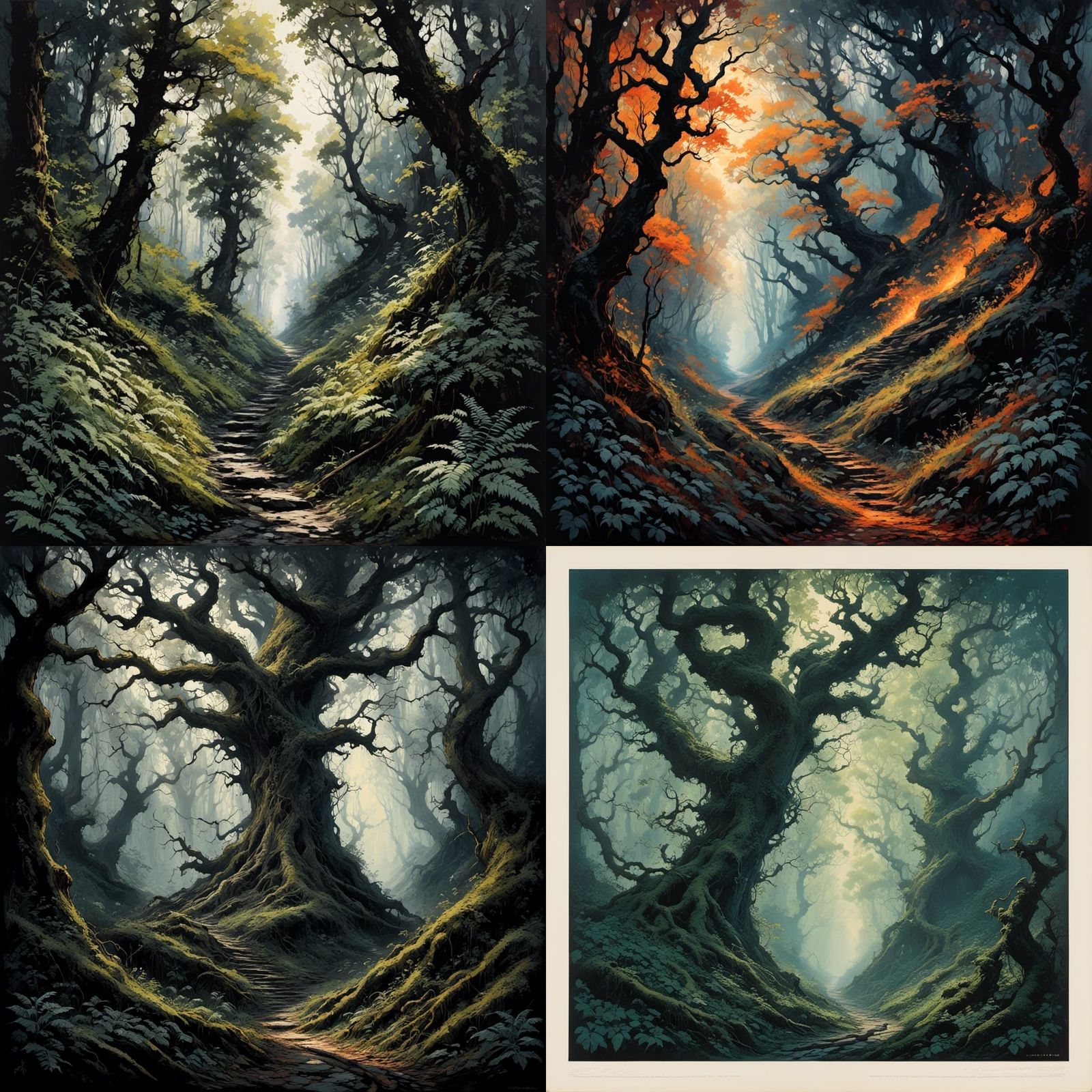Ominous Path Through Dark Woodland: Fantasy Illustration