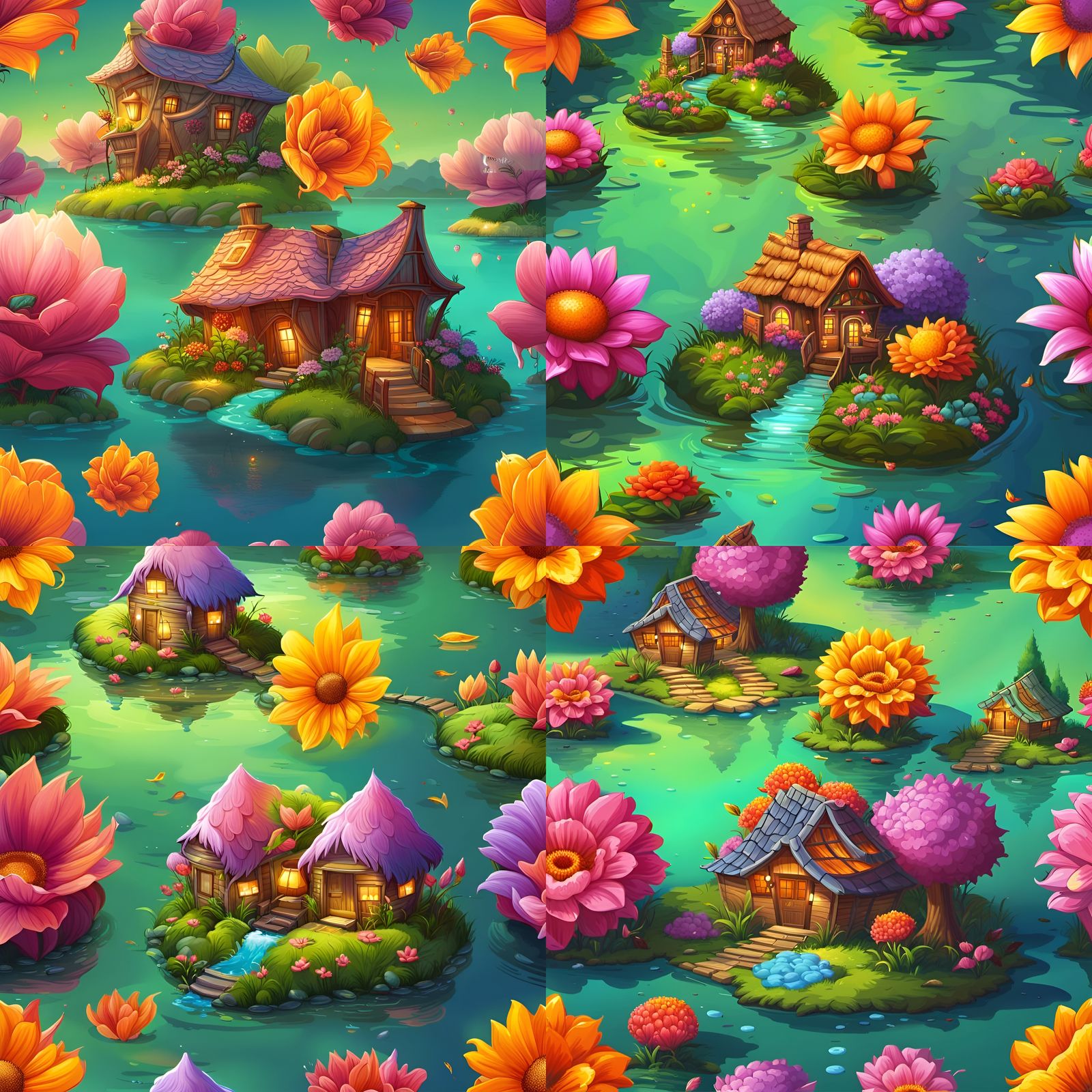 Fantasy flower cottages on islands in a lake