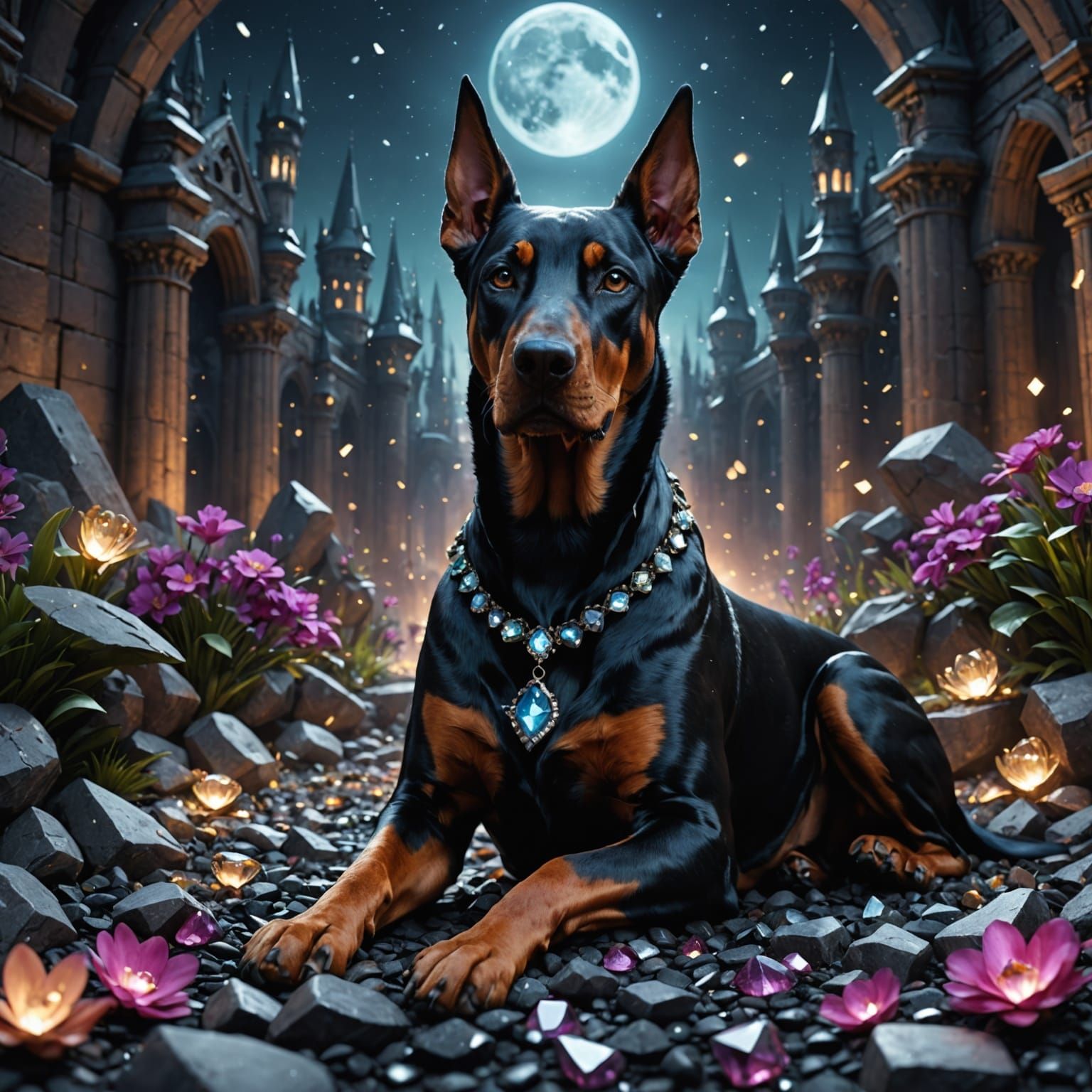 Regal Doberman in a Midnight Gemstone Garden
