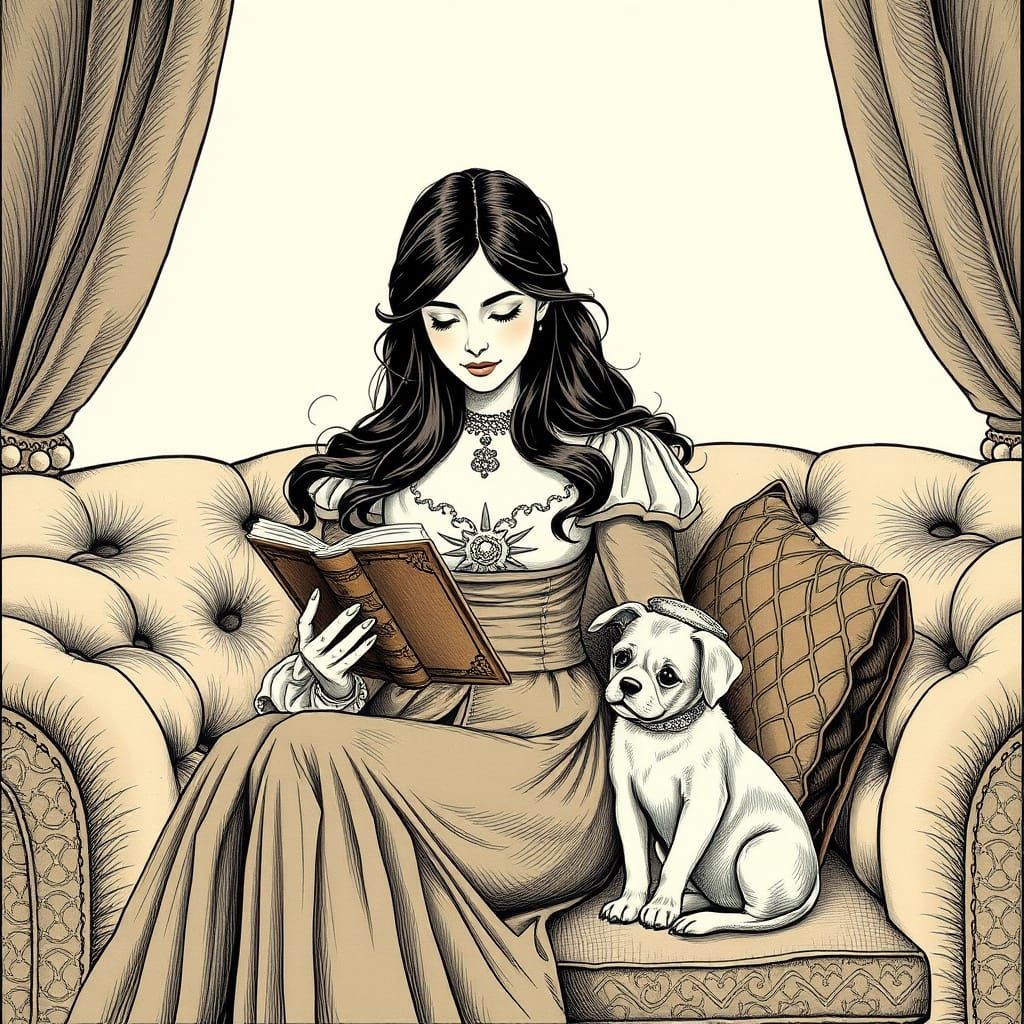 Woman Reading with Puppy, Pen and Ink Illustration