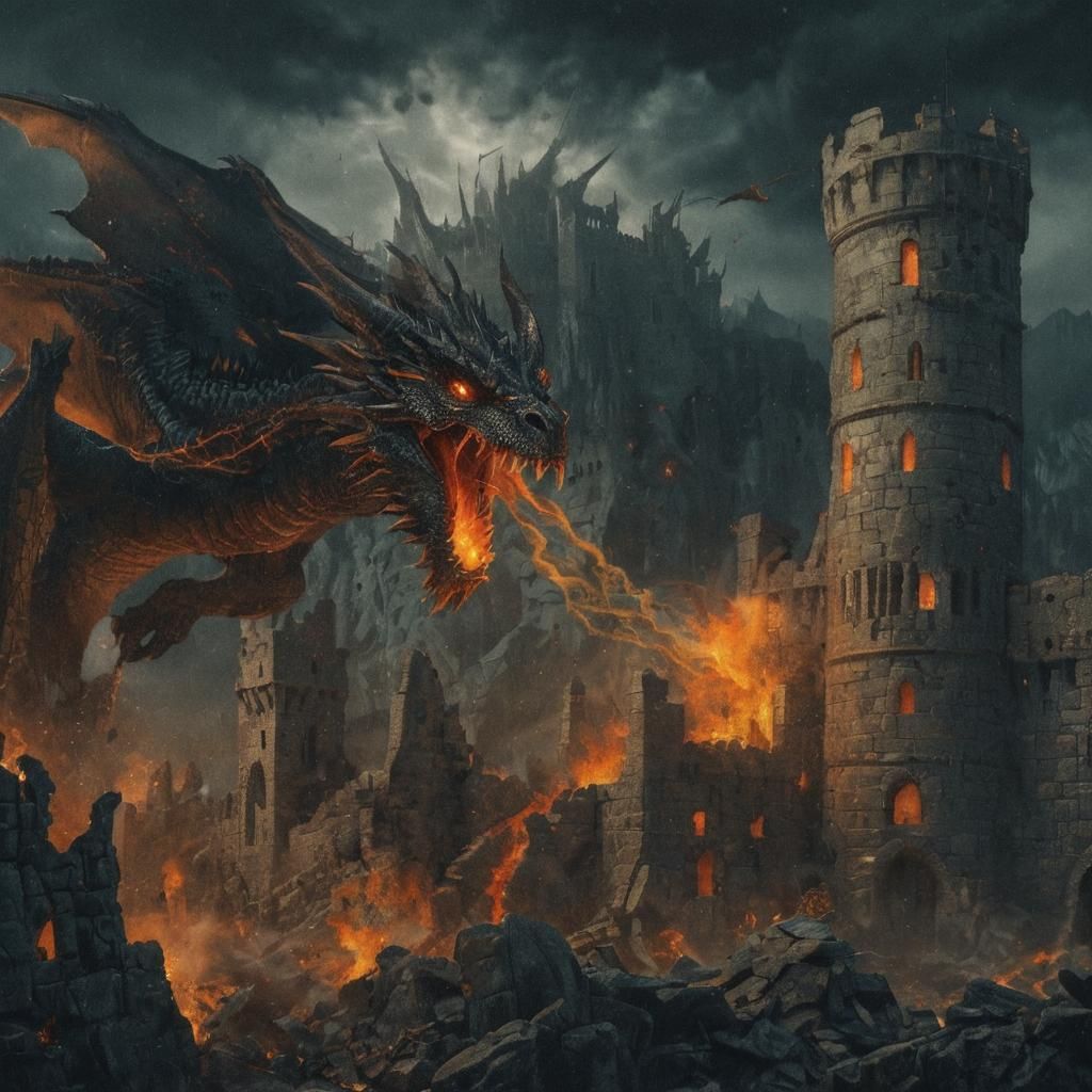 Dragon's Fiery Siege on Ruined Castle