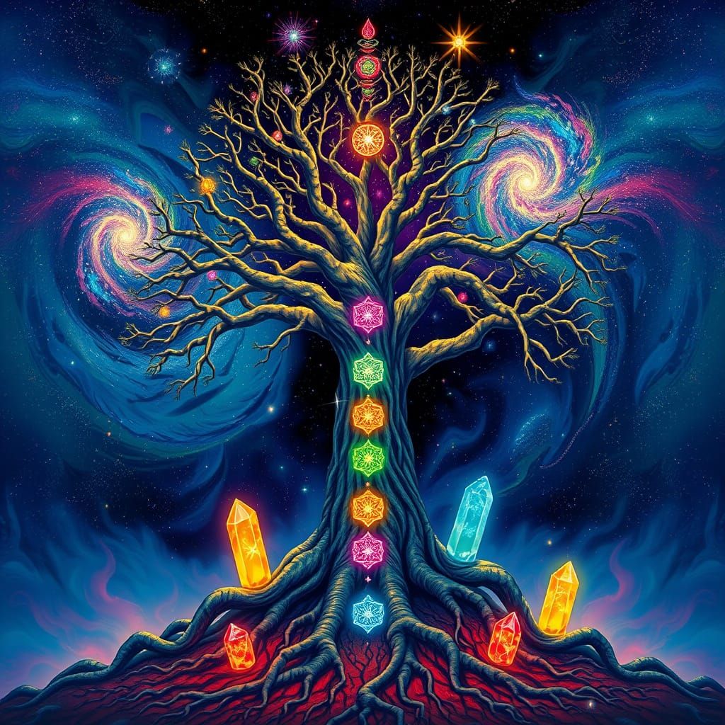 Psychedelic Tree of Life with Chakra Crystals and Galaxy
