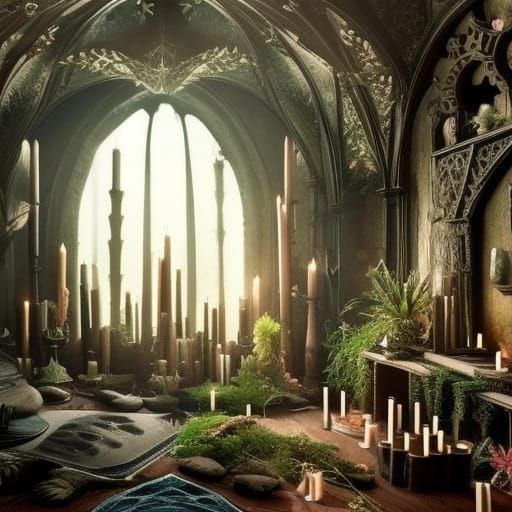 Gothic earthy living room with lots of plants and crystals and gemstones and candles and witchy vibes