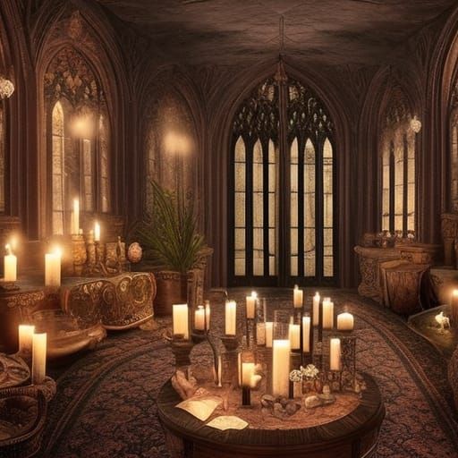 Gothic earthy living room with lots of plants and crystals and gemstones and candles and witchy vibes