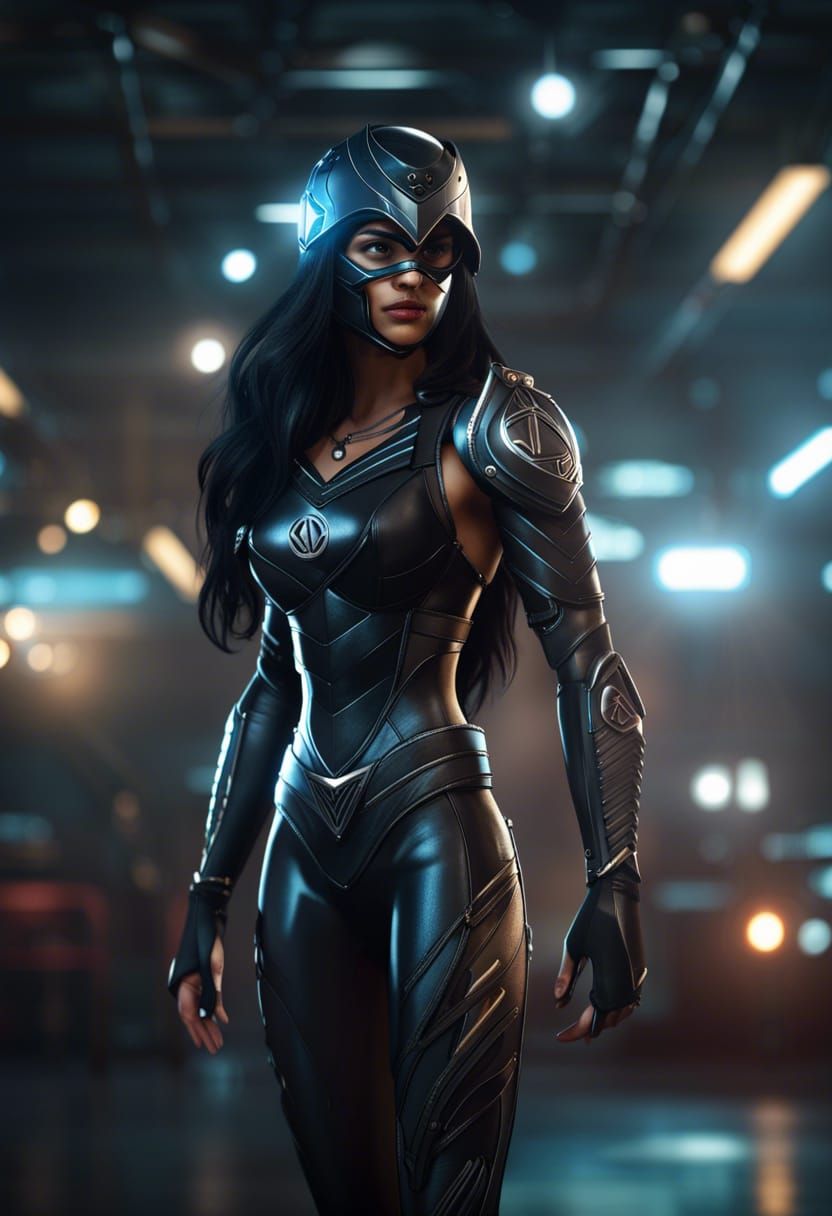 Indian Superheroine in Tactical Armor on Rooftop