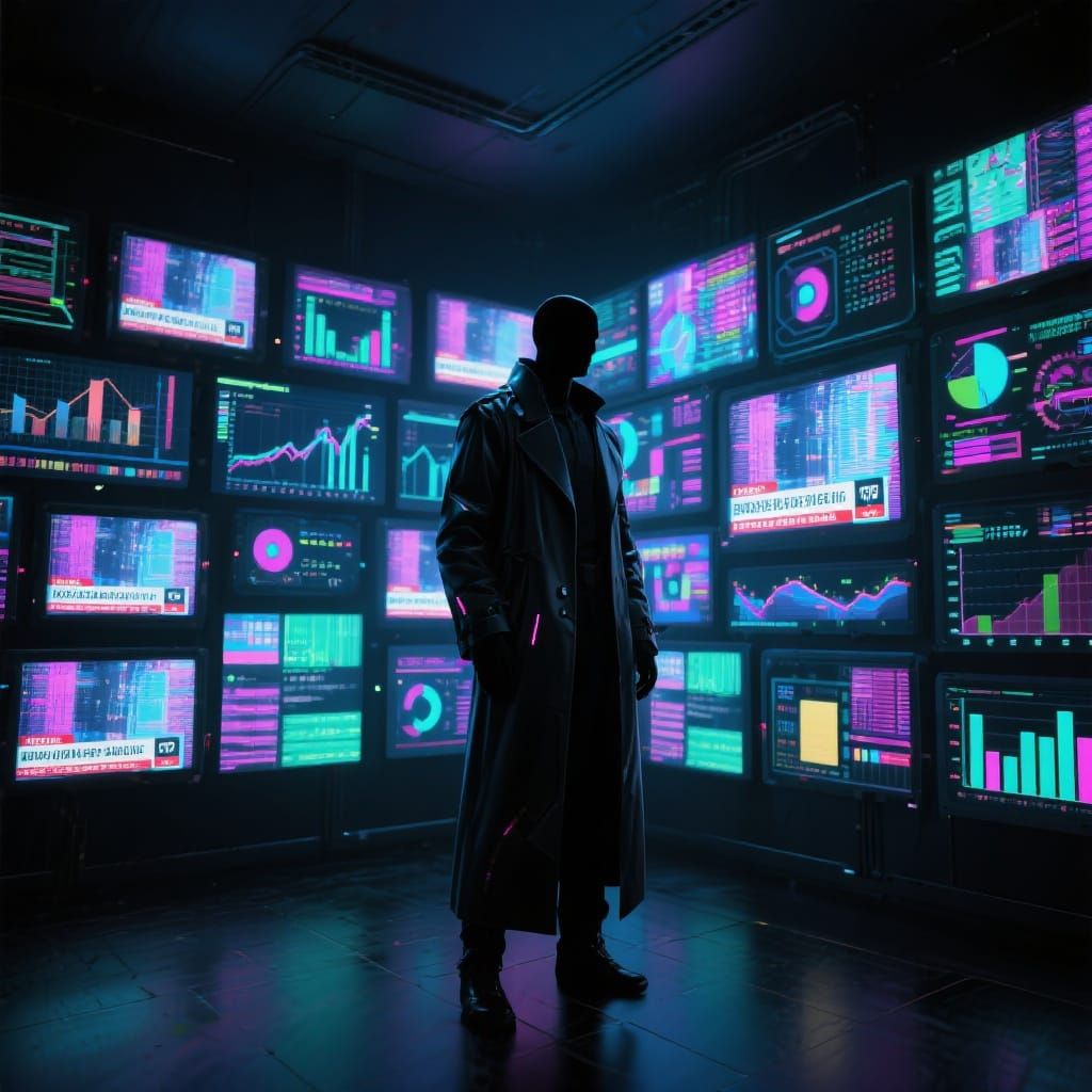 Sleek Figure in Cyberpunk Room with Glitching Screens