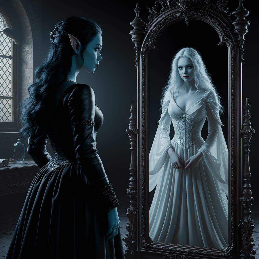 Half-Elf Noblewoman in Medieval Chamber Mirror Reflection