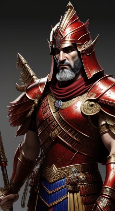 Assyrian God in Red Armor with Weapons