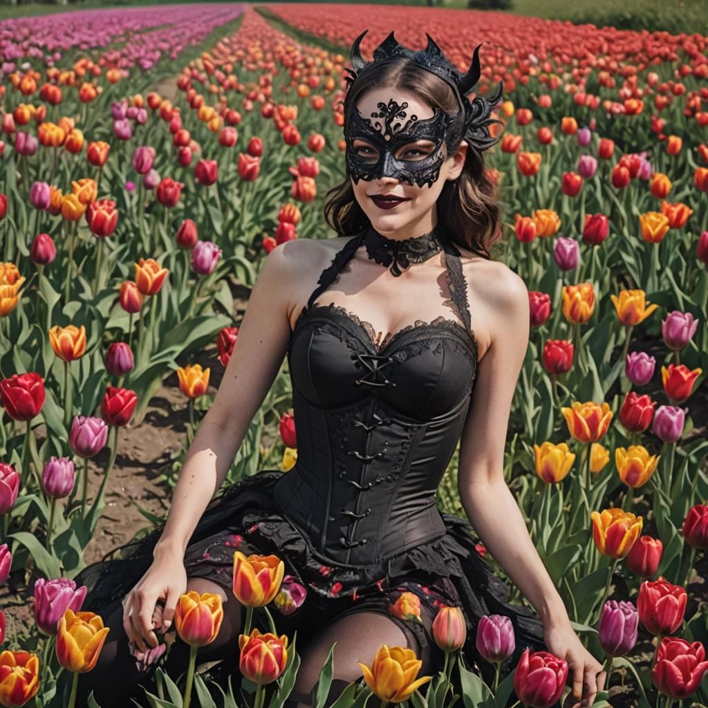 Woman in Mask with Dragon in Psychedelic Meadow