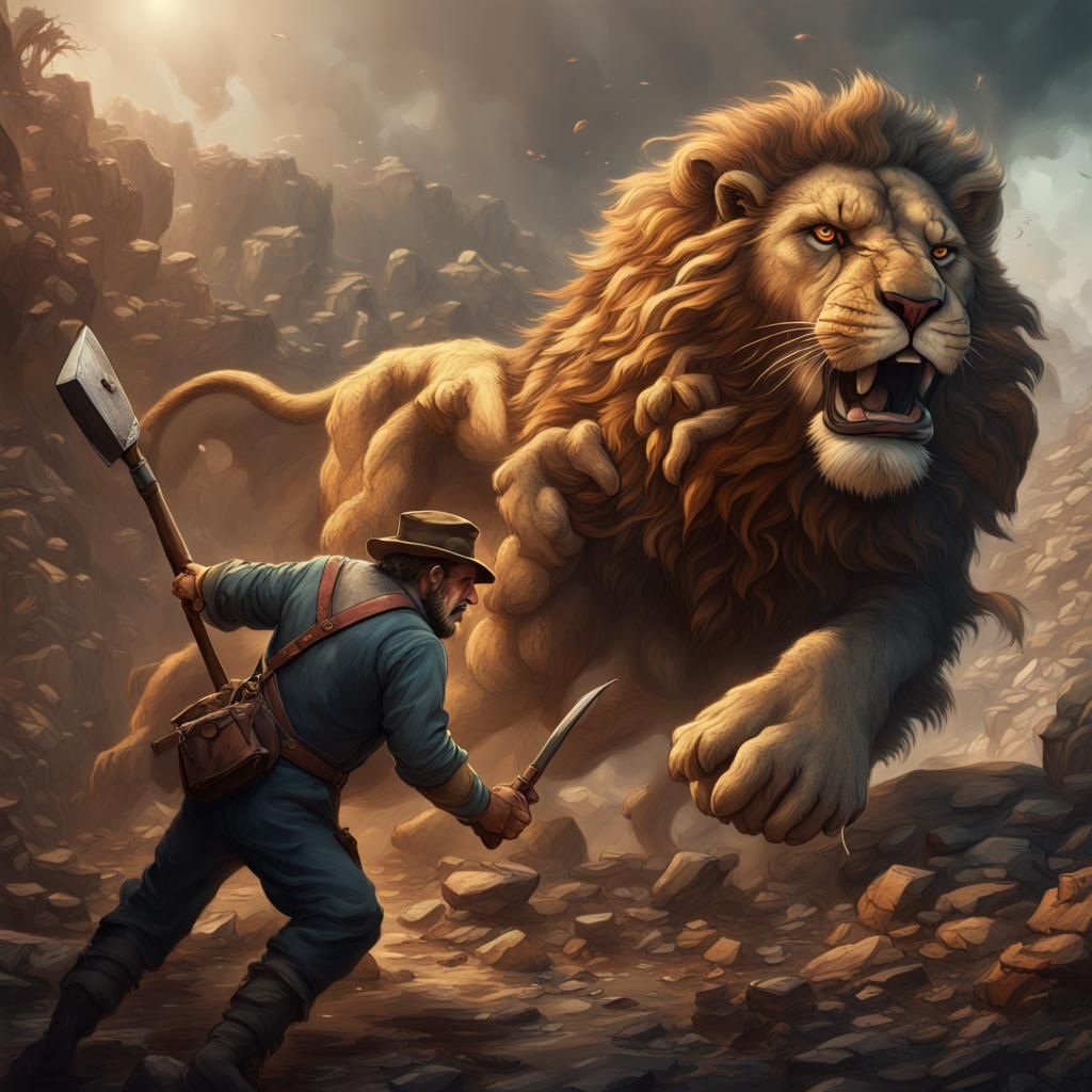 Old-Timey Miner's Lion Fight: Detailed Matte Painting