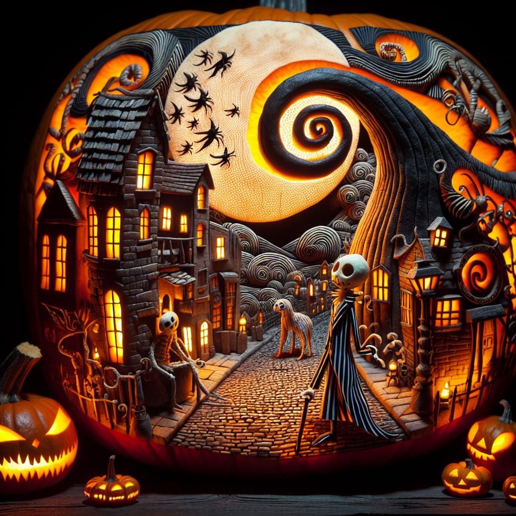 Gothic Halloween Jack-o-Lantern with Spooky Holiday Scene