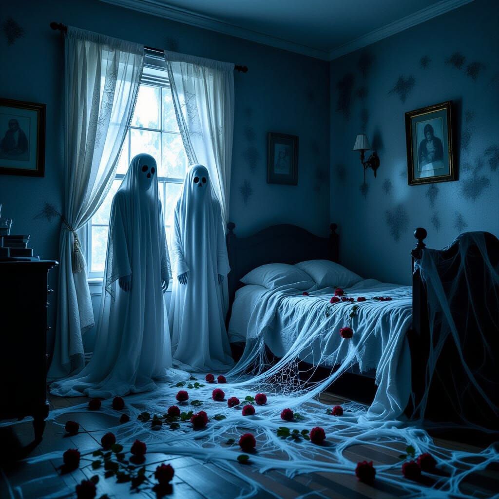 Eerie Bedroom Scene with Ghostly Figures and Dead Roses