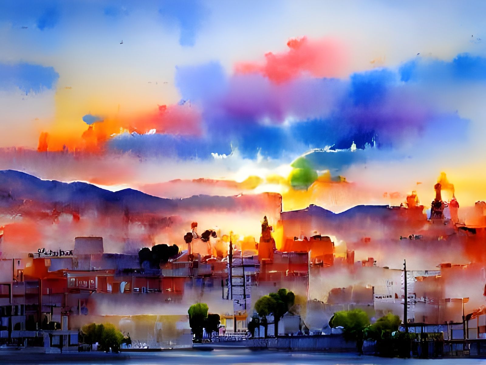 Foggy City on the River at Dawn