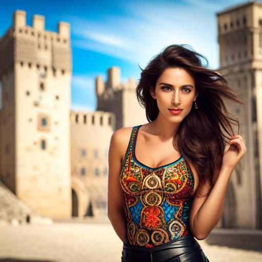 Smiling Woman in Front of Hyperreal Medieval Castle