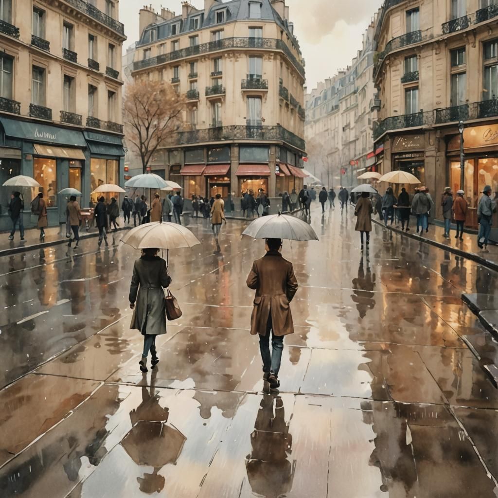 Paris Rainy Day in Belle Époque Watercolor Style