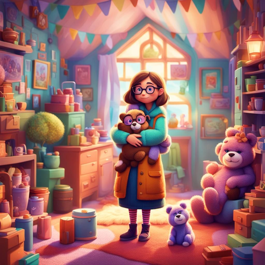 Girl Hugging Teddy Bear in Pixar-Inspired Digital Art