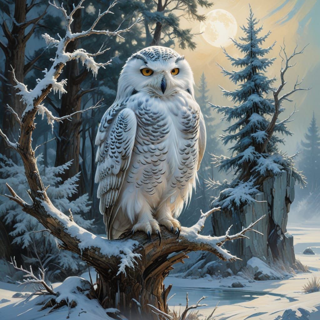 Snowy Owl in Winter Wonderland Impasto Painting