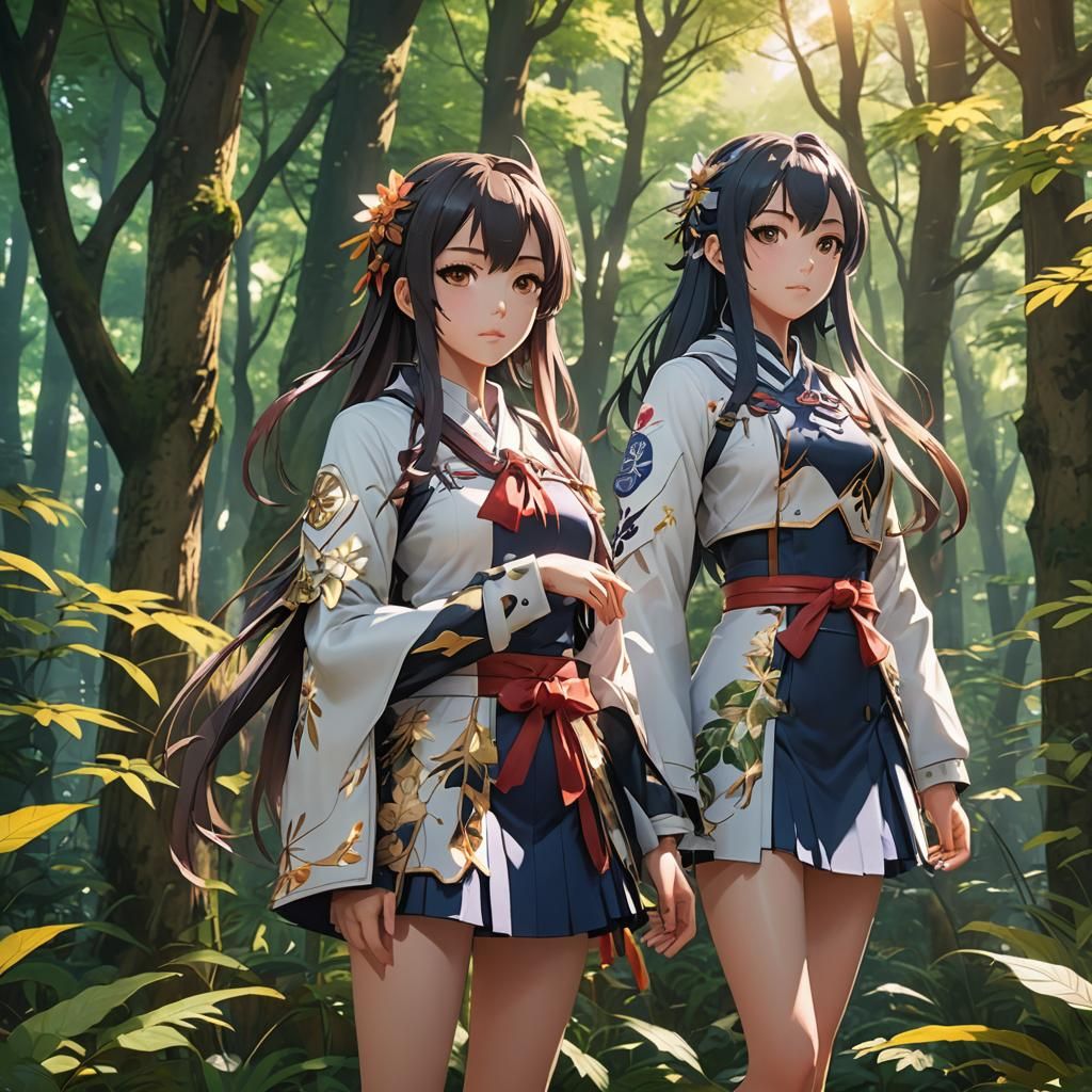 Anime Girls in Lush Forest: 3D Render