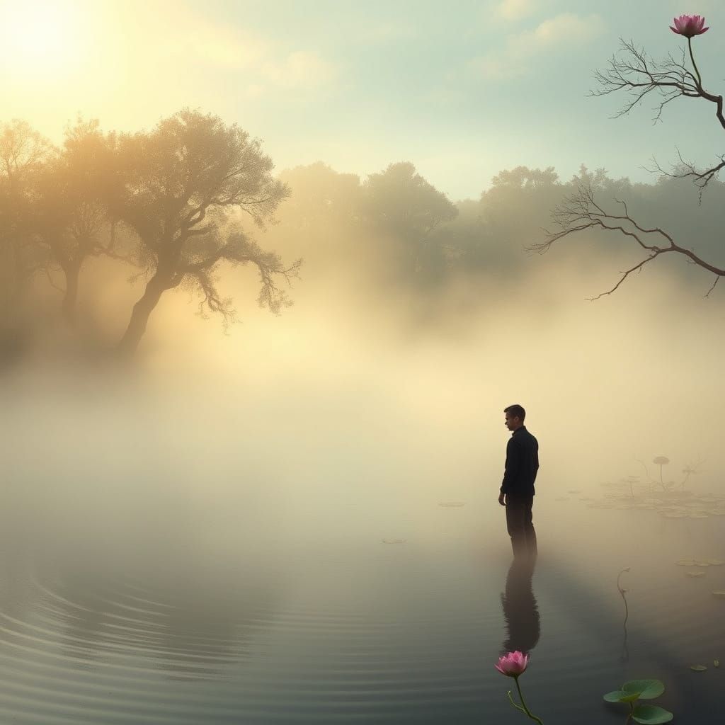 A Contemplative Figure Seeks Answers by a Serene Lake
