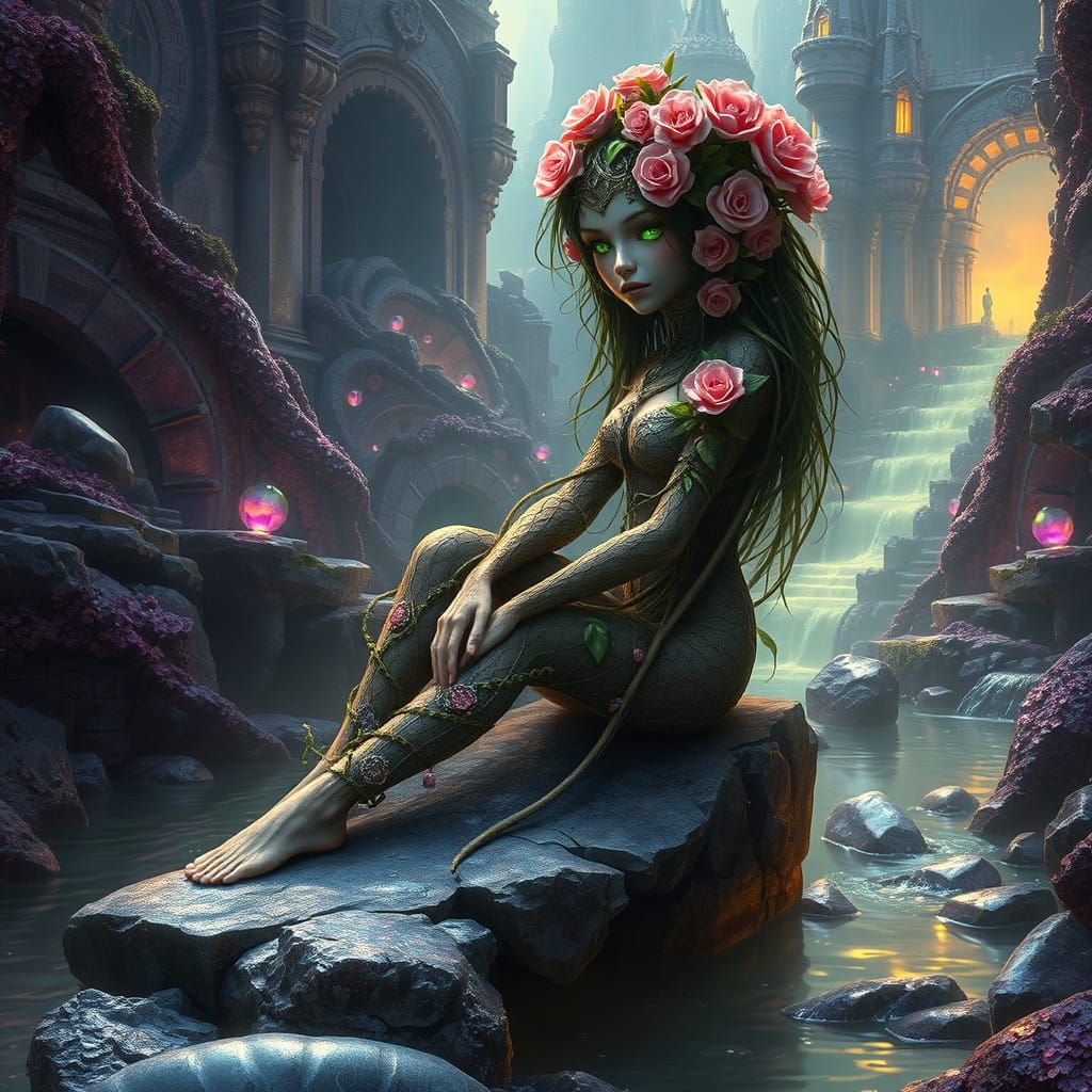 Surreal Plant Goddess in Gemstone City