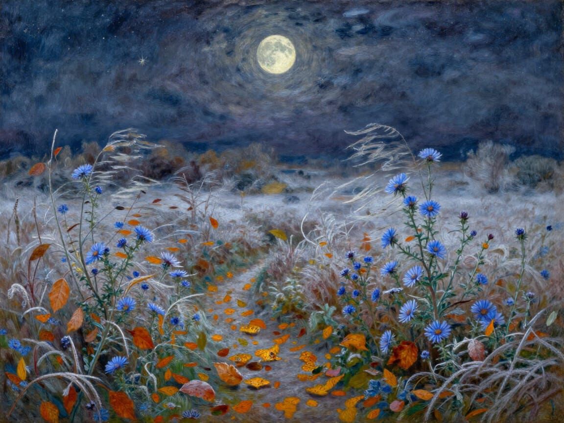 Autumn Frost Landscape with Moonlit Wildflowers and Stars