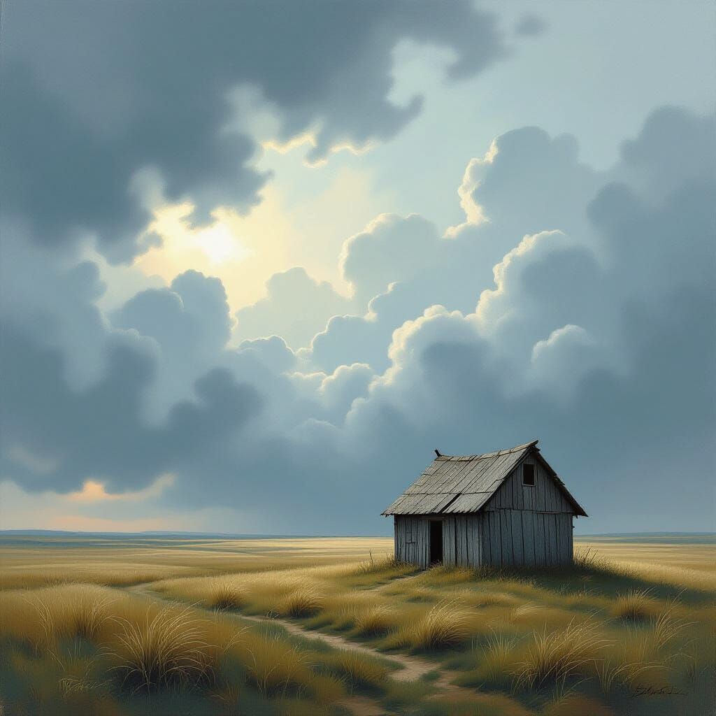 Weathered Hut on Windswept Prairie in Painterly Impasto Styl...