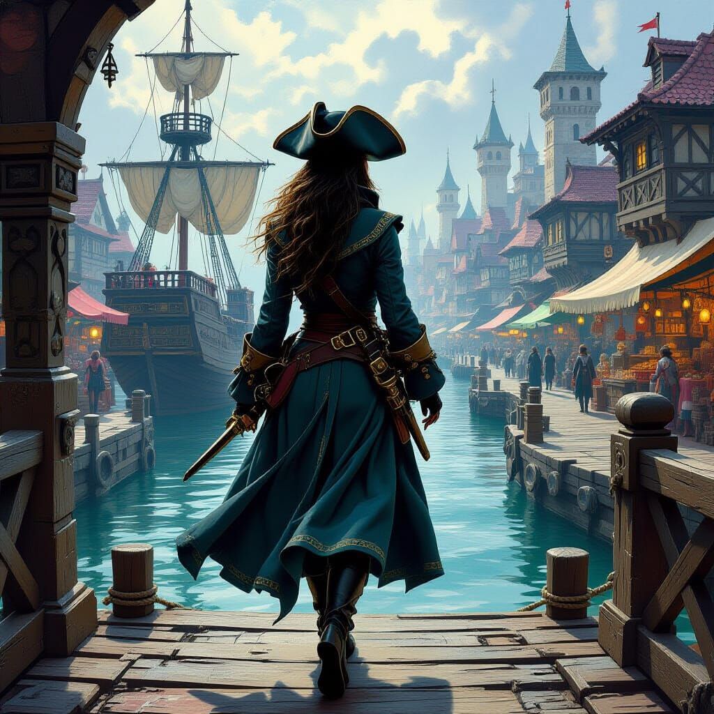 Pirate on Gangway to Bustling City, as Oil Painting