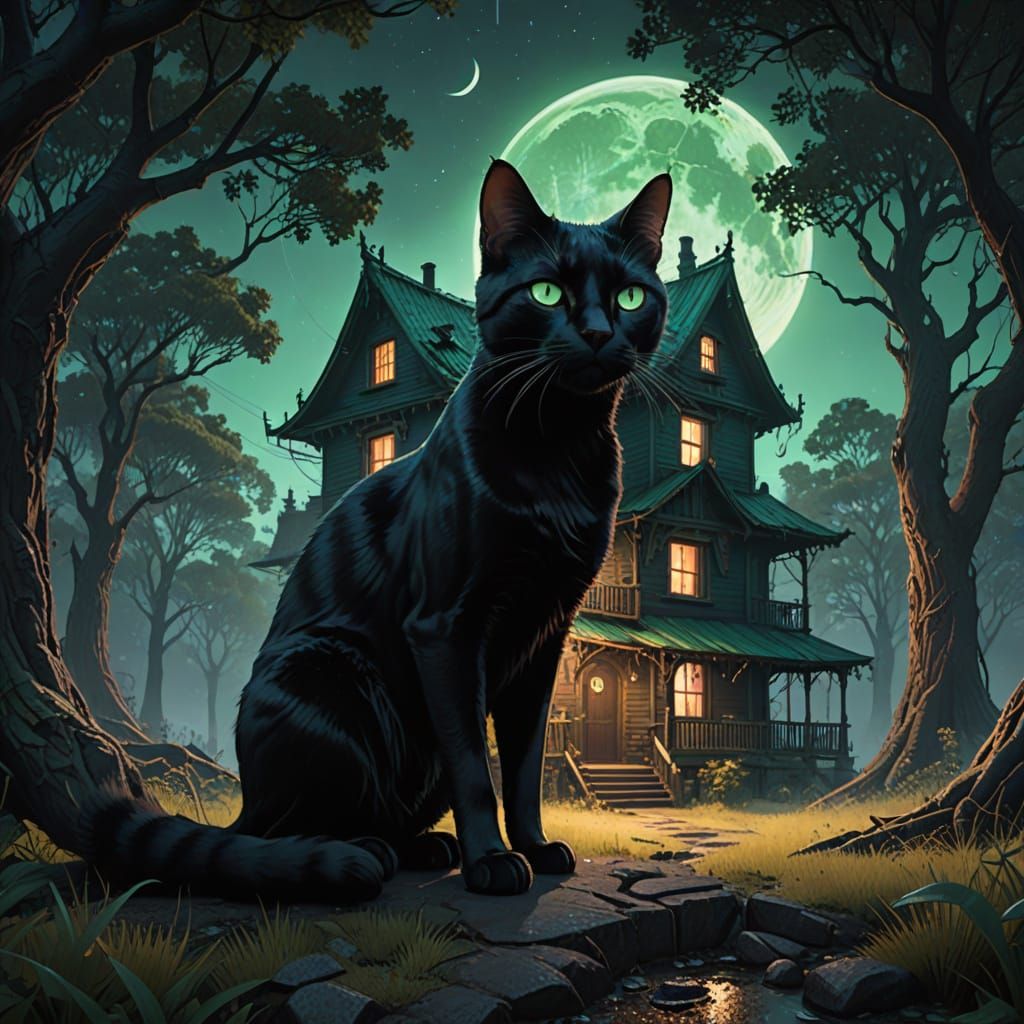 Mysterious Black Cat Sneaks into Ancient House Under Starry ...