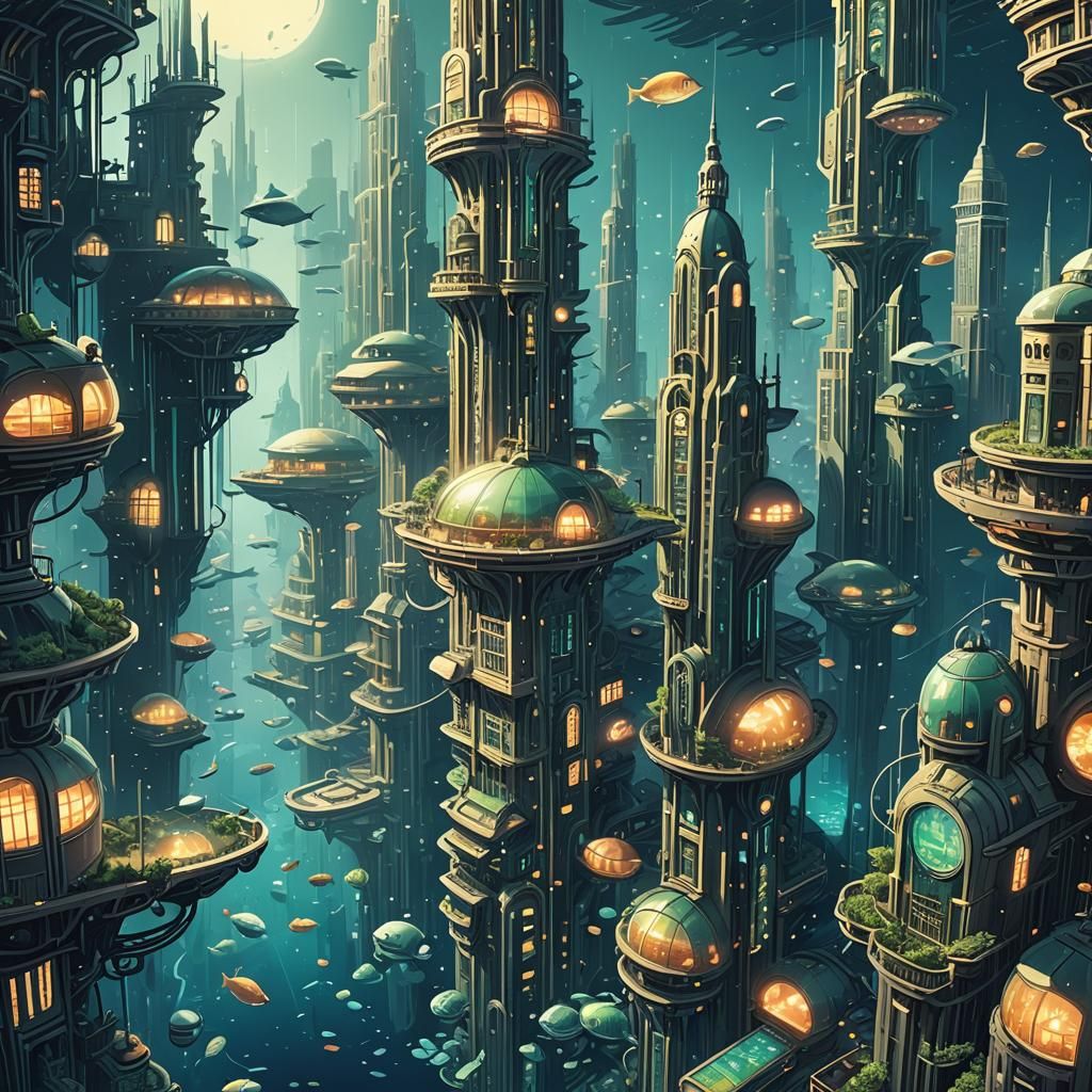 Art Deco Underwater Metropolis with Bioluminescence