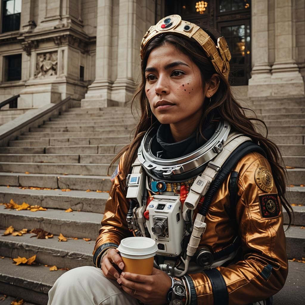 Fierce Aztec Astronaut Embraces Autumn in Golden Hour
