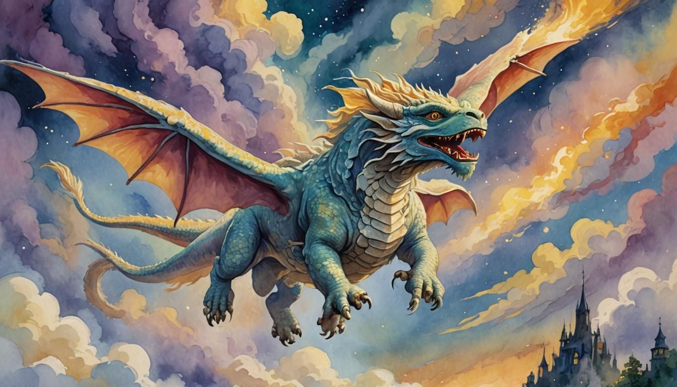 Falkor the Luck Dragon in Gouache Illustration
